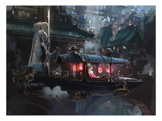 KAOLIN Troubled Waters — fantasy fine art print of a gondola scene in an Asian-inspired world by Thomas Brissot